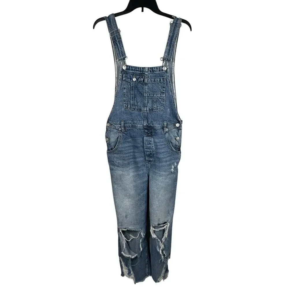 Free People We the Free SZ 26 Cropped Denim Jean Overalls Pockets Distressed
